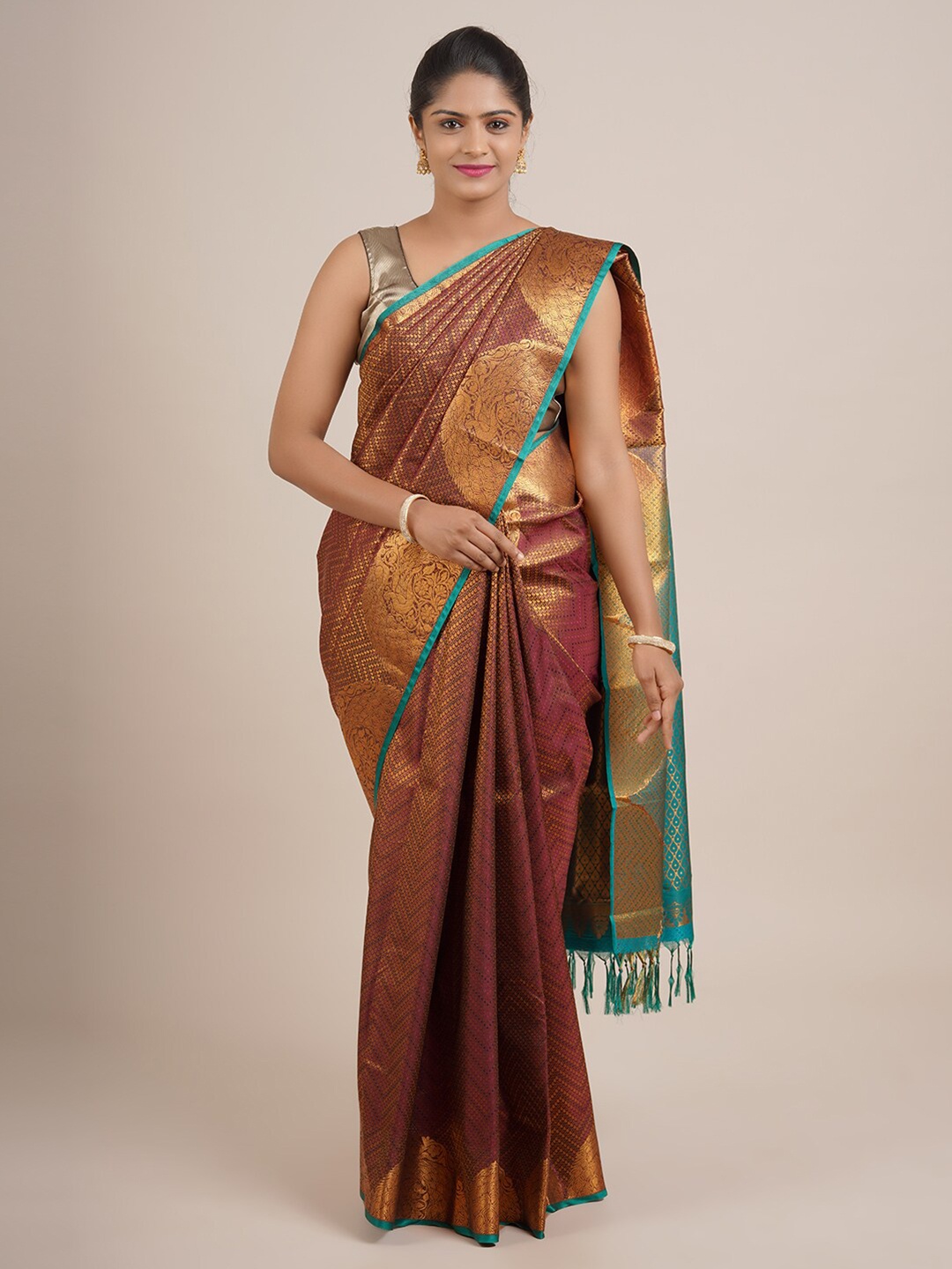 

Pothys Copper-Toned & Blue Woven Design Zari Pure Silk Saree