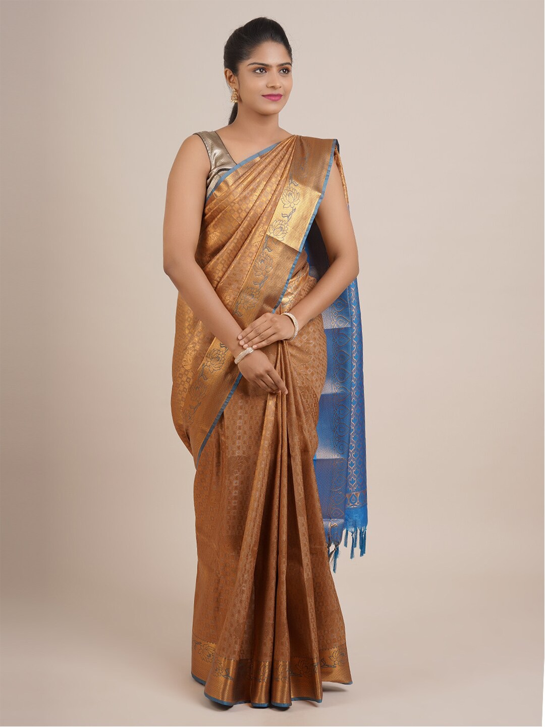 

Pothys Gold-Toned & Blue Woven Design Zari Pure Silk Saree