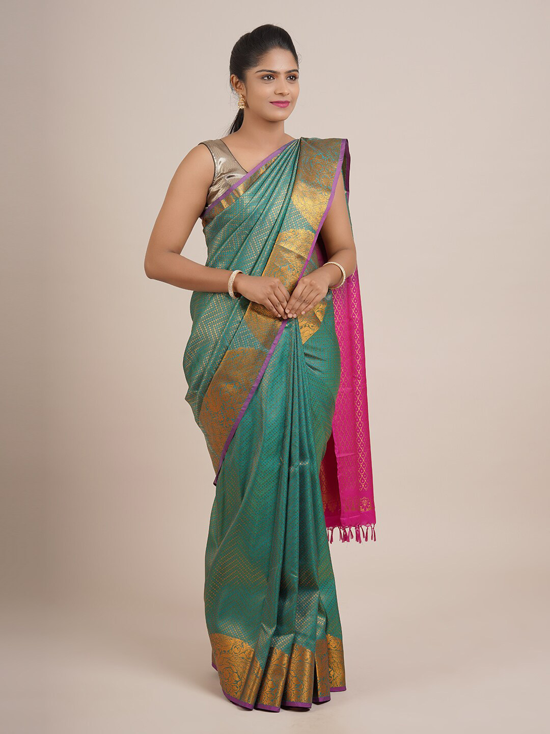 

Pothys Teal & Pink Woven Design Zari Pure Silk Saree