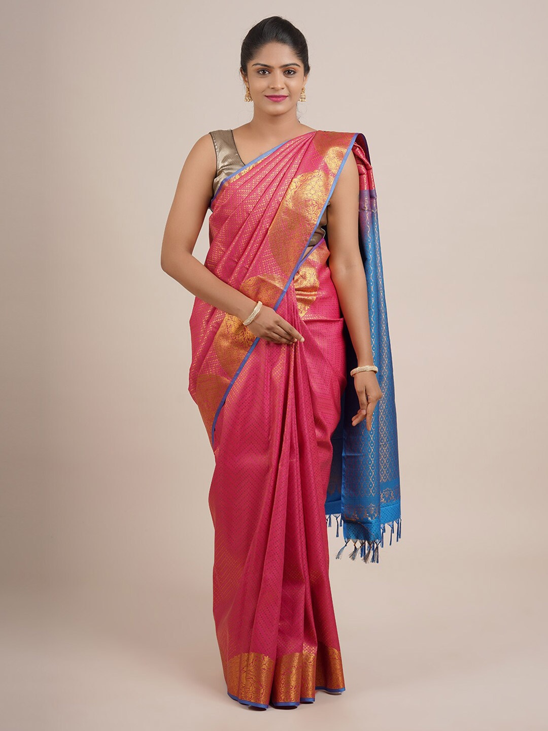 

Pothys Pink & Blue Woven Design Zari Pure Silk Saree