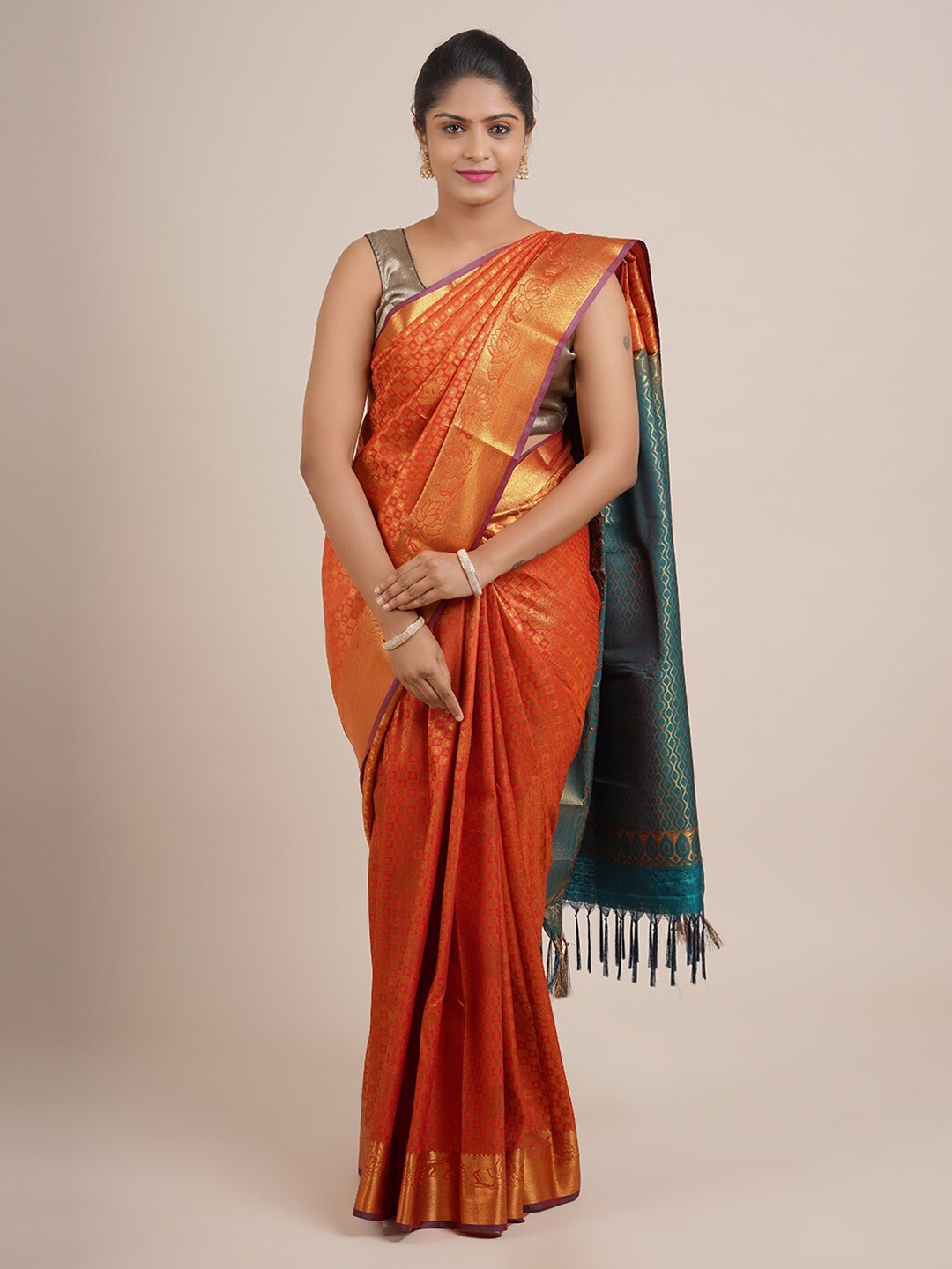 

Pothys Orange & Gold-Toned Woven Design Zari Pure Silk Saree