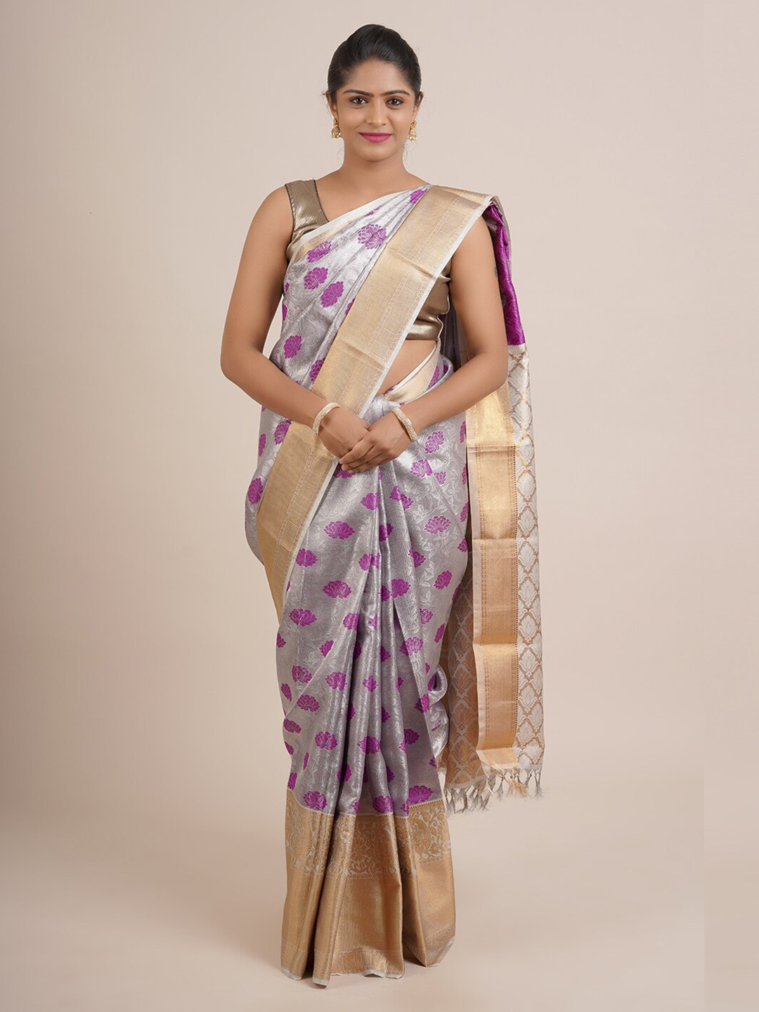 

Pothys Gunmetal-Toned & Purple Ethnic Motifs Zari Pure Silk Saree, Metallic