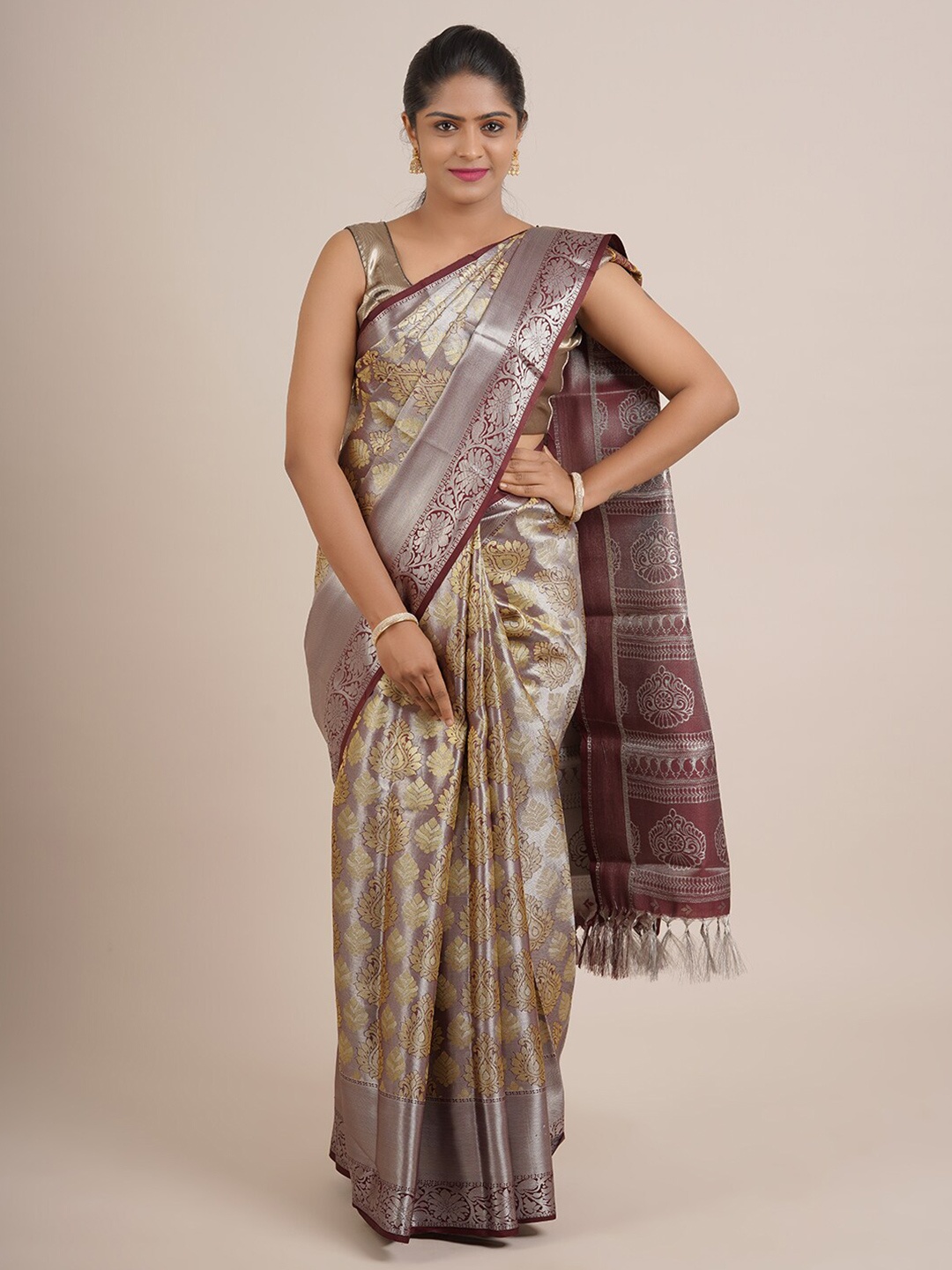 

Pothys Gold-Toned & Silver-Toned Ethnic Motifs Zari Pure Silk Saree