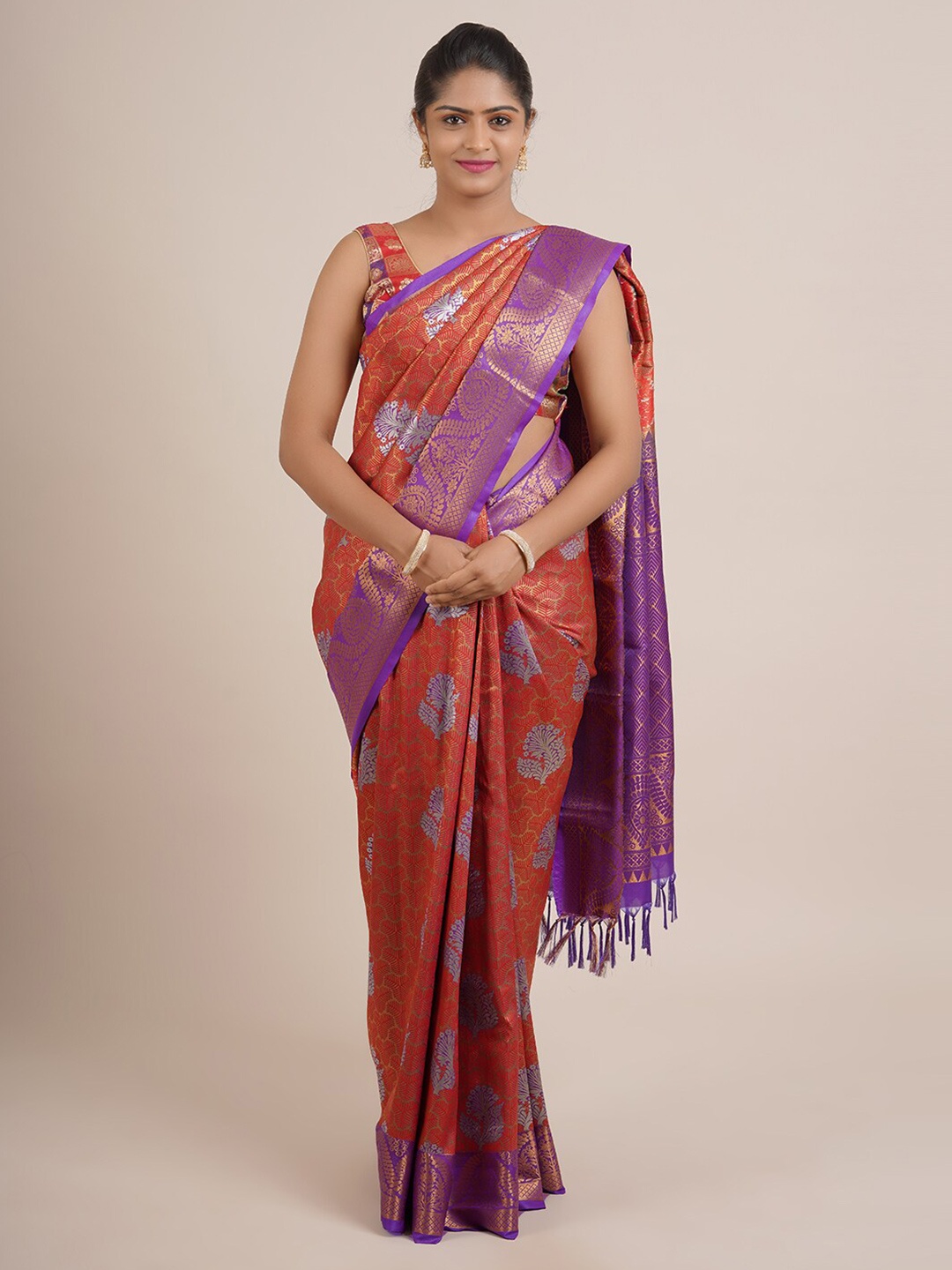

Pothys Rust & Purple Ethnic Motifs Zari Pure Silk Saree