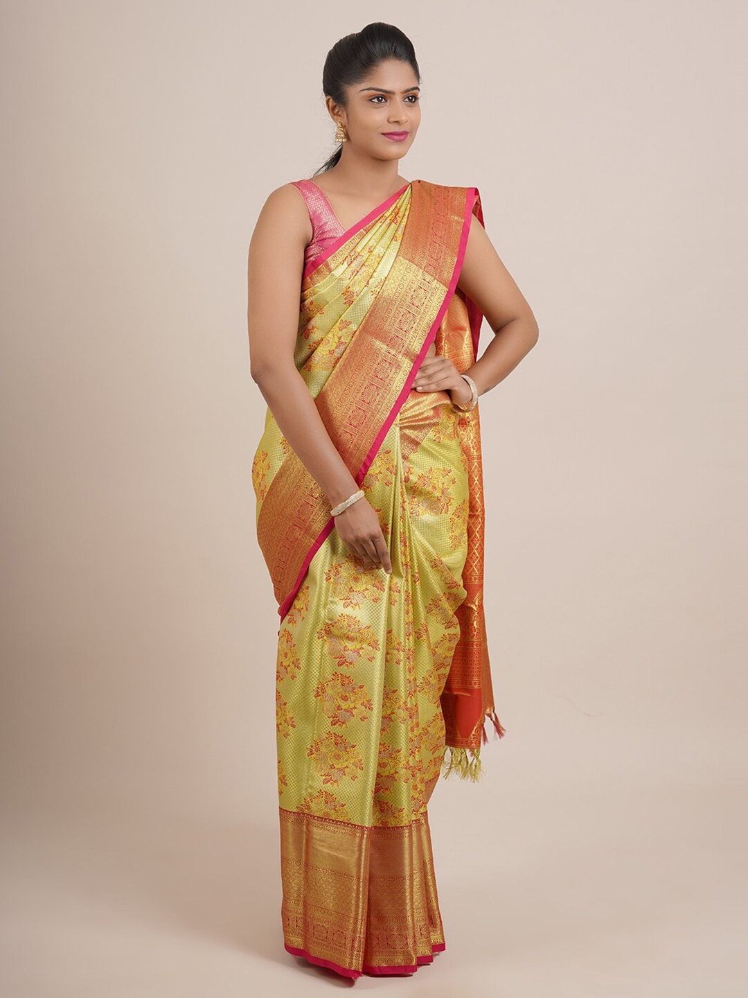 

Pothys Yellow & Pink Woven Design Zari Pure Silk Saree