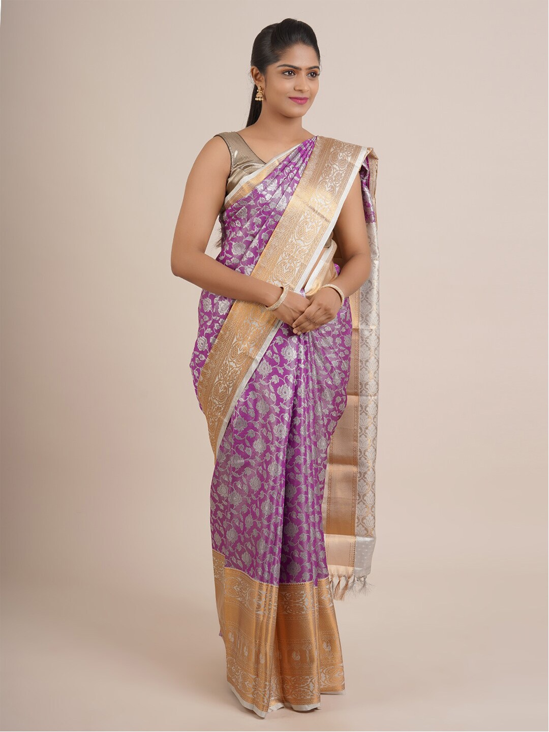 

Pothys Lavender & Grey Floral Zari Pure Silk Saree