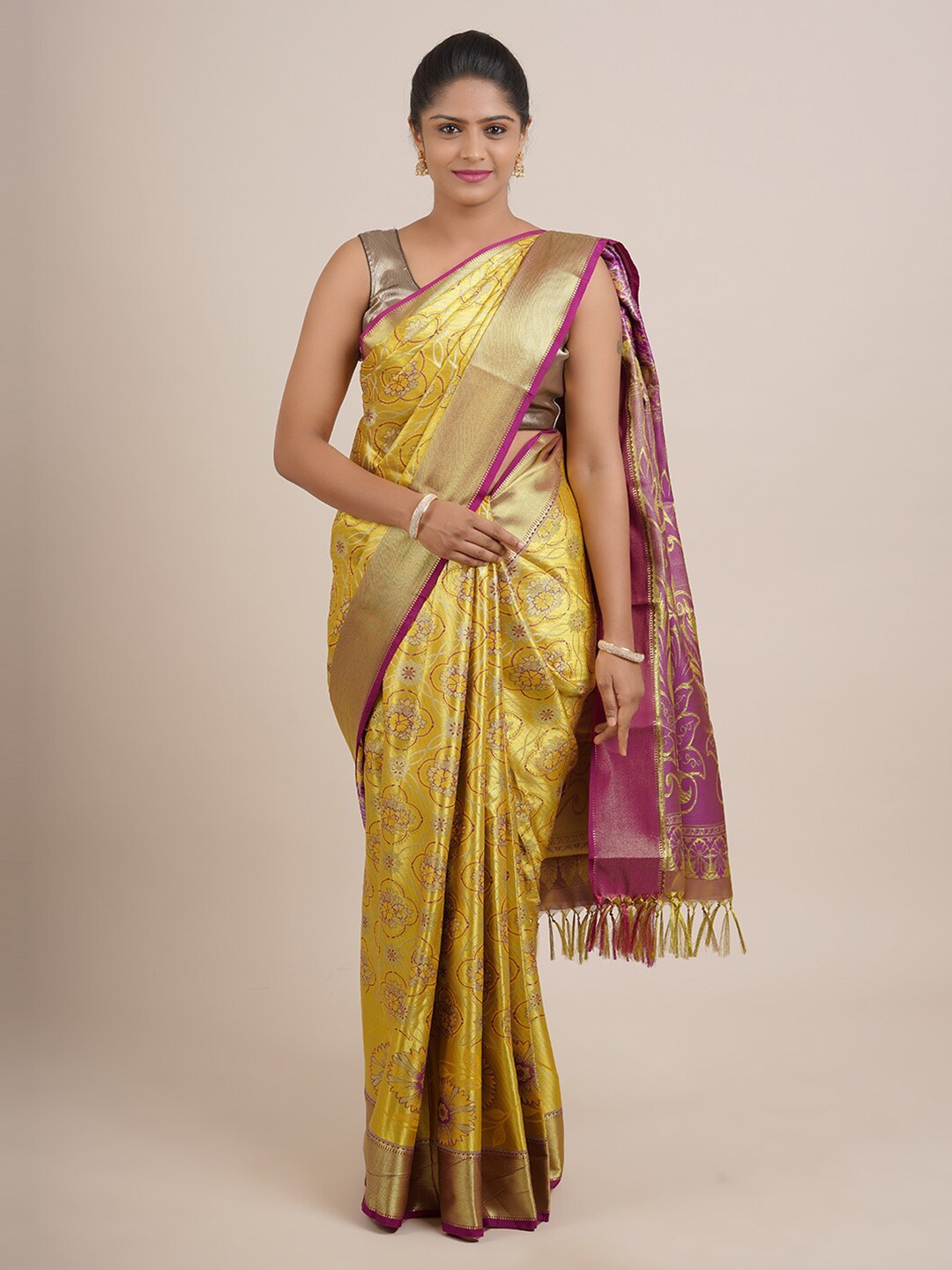 

Pothys Yellow & Purple Woven Design Zari Pure Silk Saree