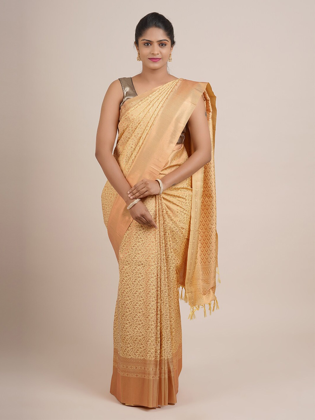 

Pothys Gold-Toned & Copper-Toned Woven Design Zari Pure Silk Saree