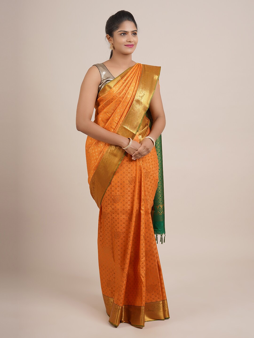 

Pothys Orange & Green Ethnic Motifs Zari Pure Silk Saree