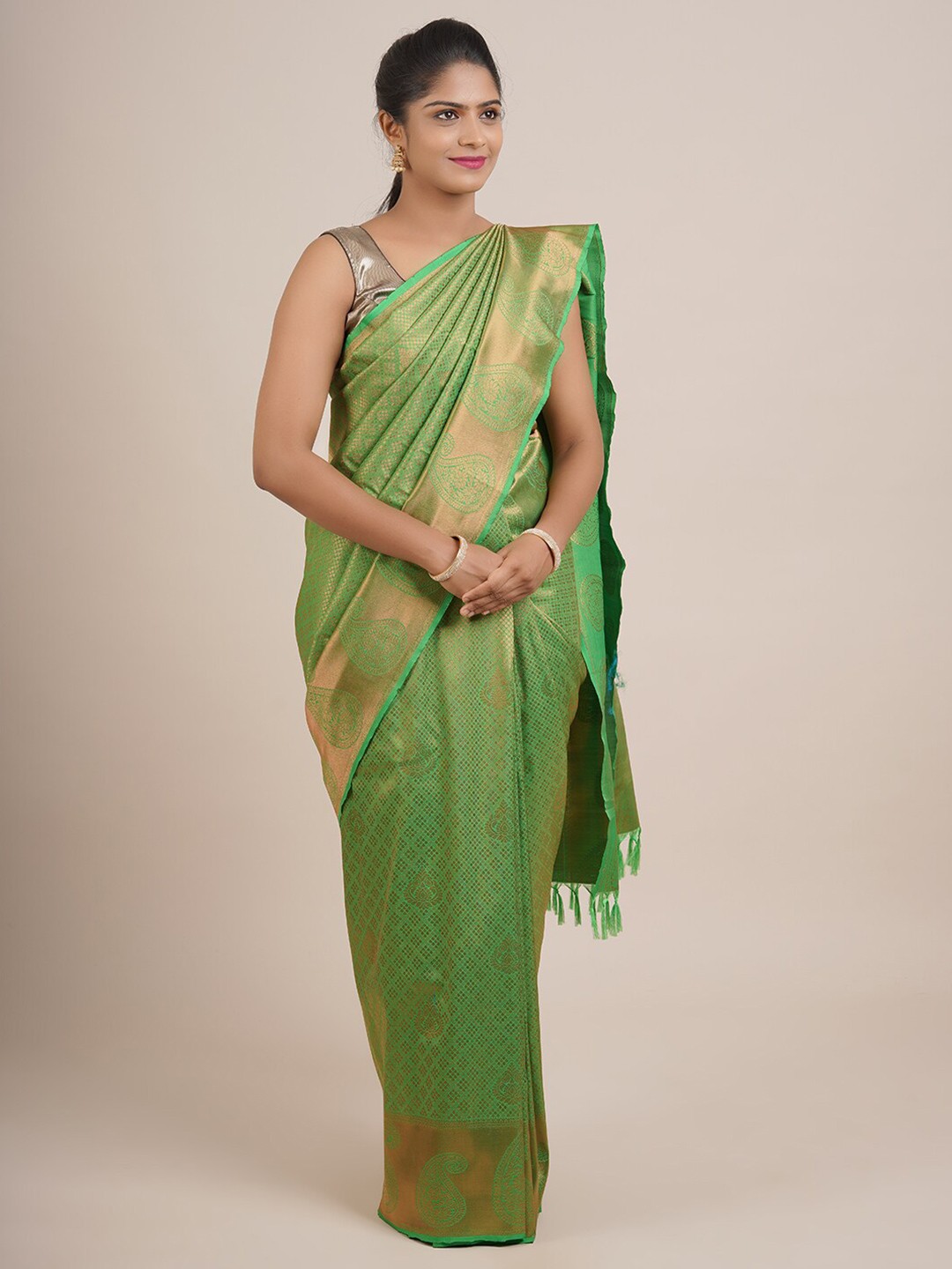

Pothys Green & Gold-Toned Ethnic Motifs Zari Pure Silk Saree