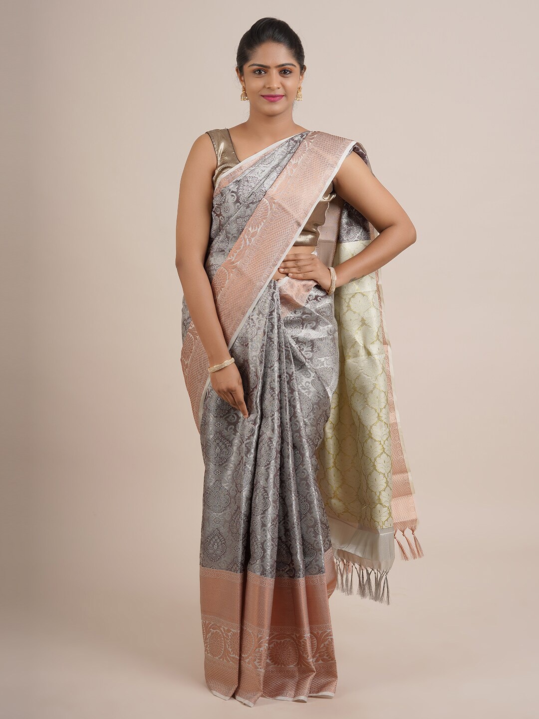 

Pothys Grey And White Ethnic Motifs Woven Design Zari Pure Silk Saree