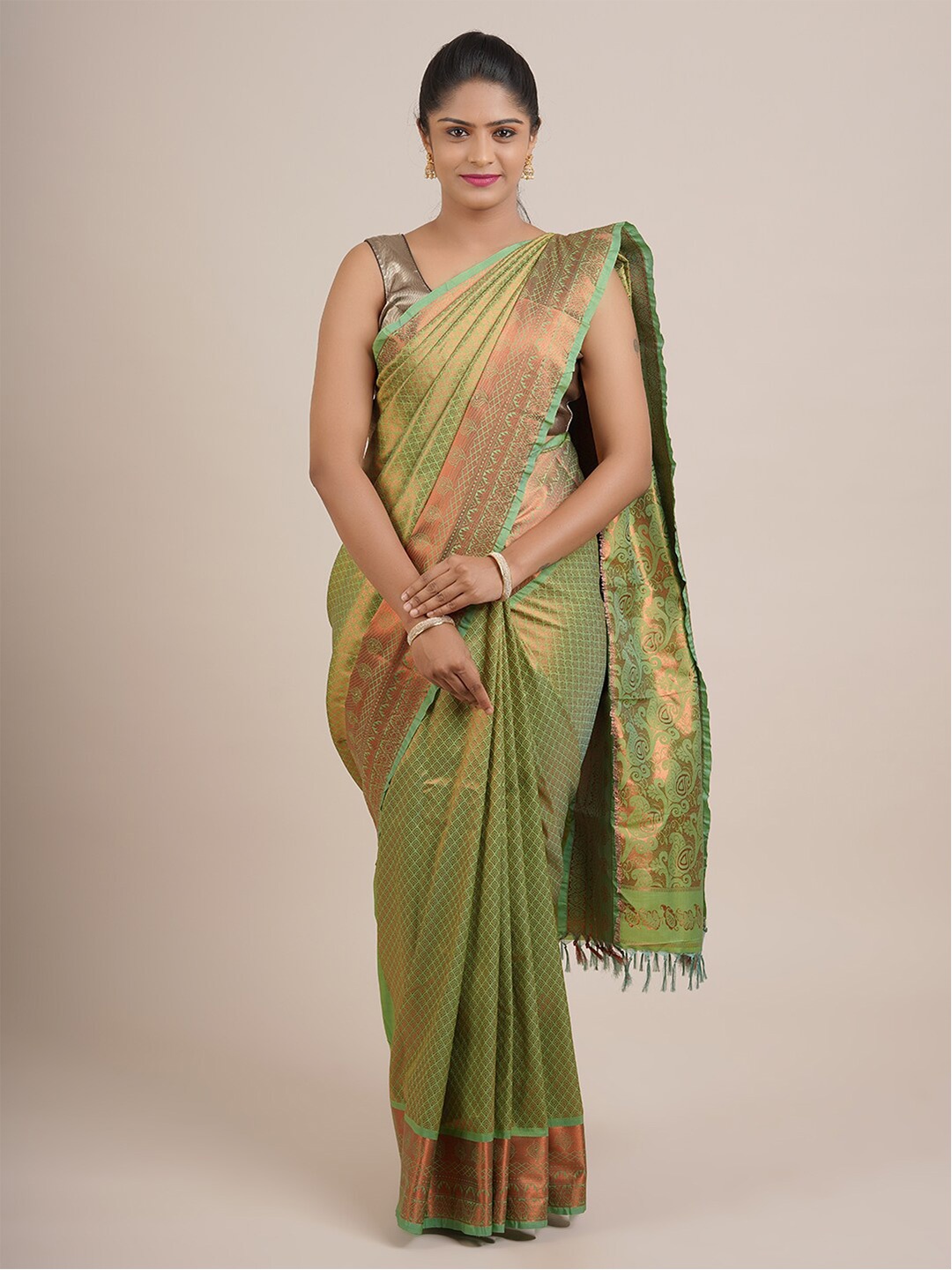 

Pothys Green And Copper Toned Ethnic Motifs Woven Design Zari Pure Silk Saree