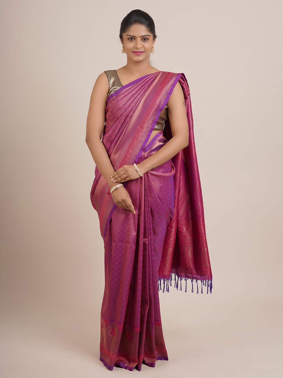 

Pothys Purple And Gold Toned Woven Design Zari Pure Silk Saree