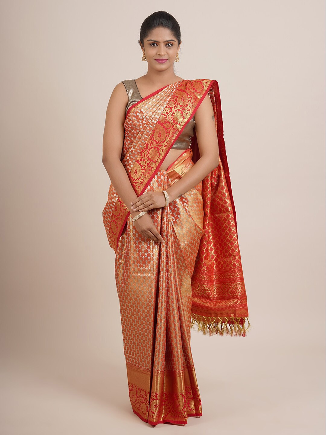 

Pothys Orange And Gold Toned Ethnic Motifs Woven Design Zari Pure Silk Saree