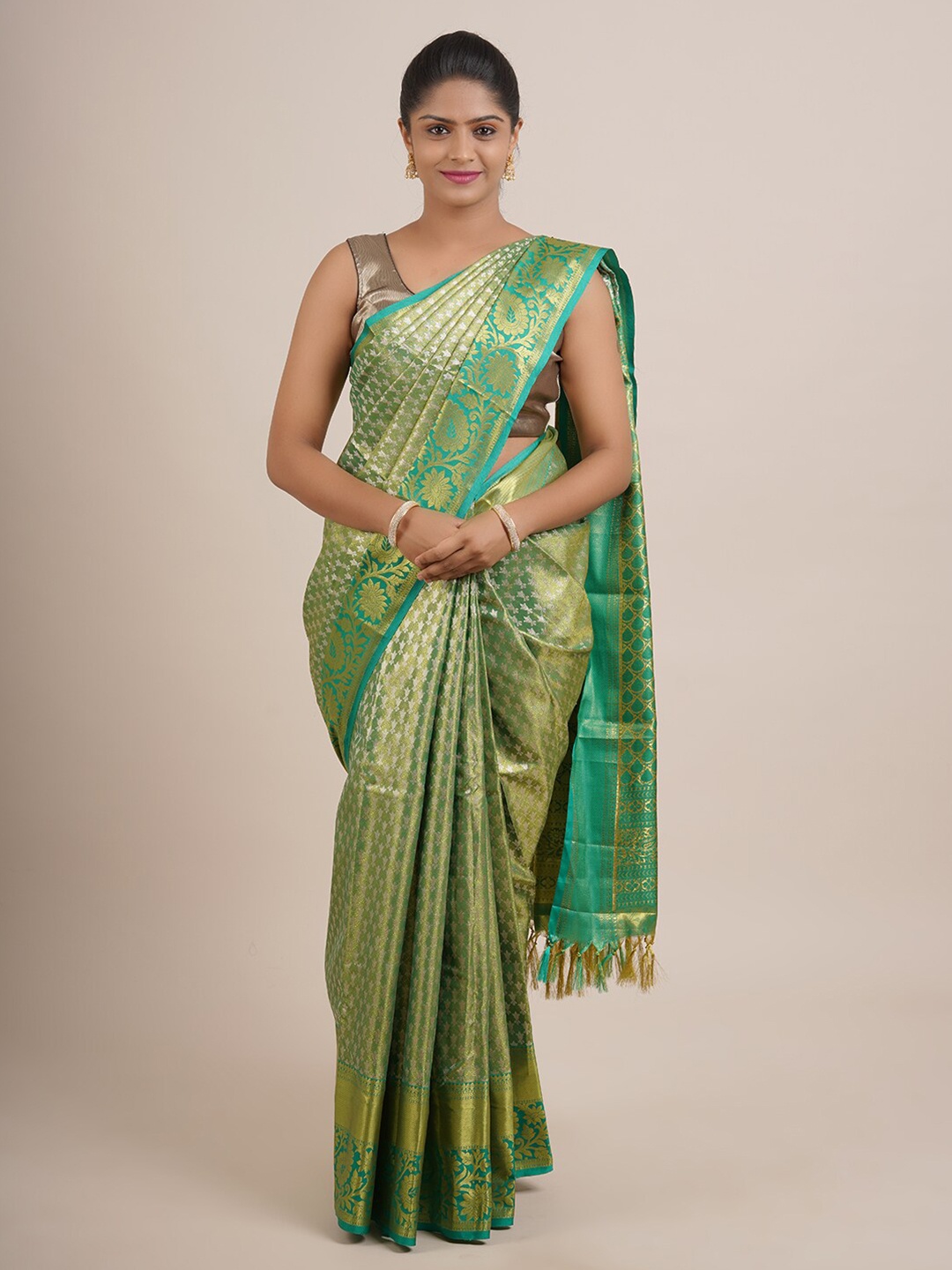 

Pothys Green & Gold-Toned Ethnic Motifs Zari Pure Silk Saree
