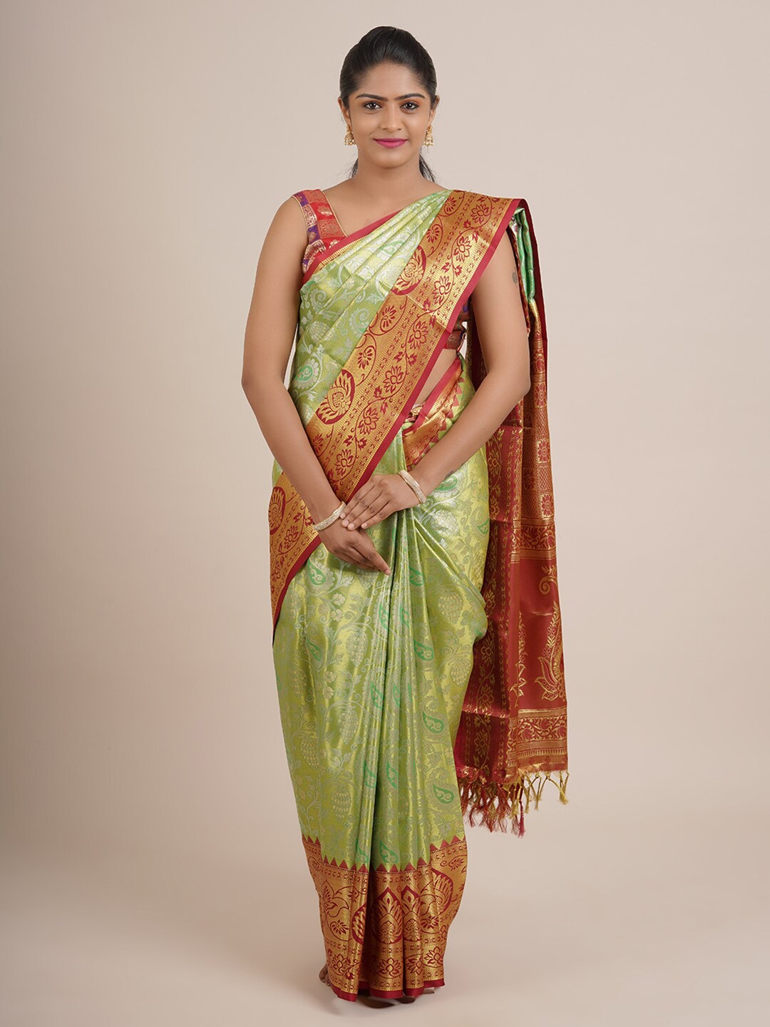 

Pothys Green & Red Paisley Zari Pure Silk Saree