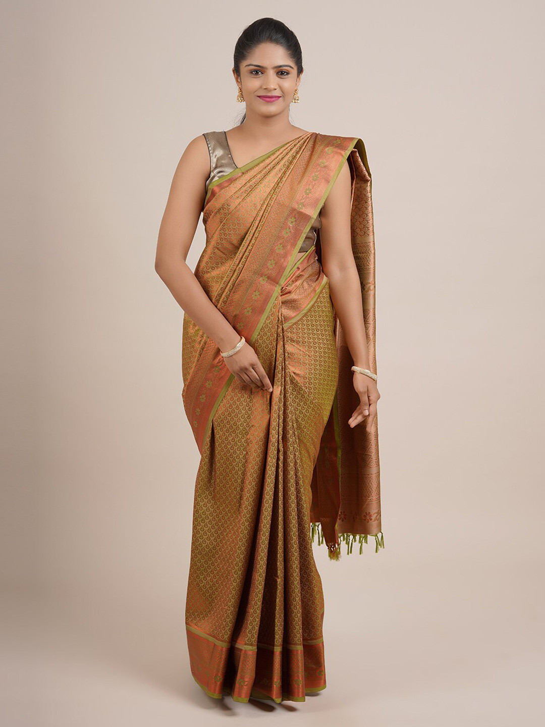 

Pothys Green & Gold-Toned Ethnic Motifs Zari Pure Silk Saree