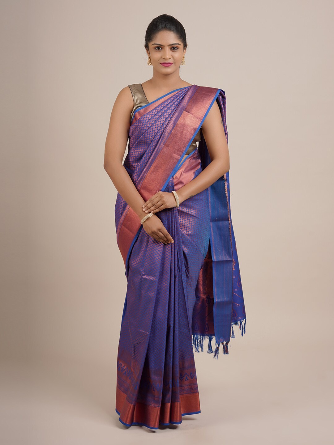 

Pothys Blue & Copper-Toned Ethnic Motifs Zari Pure Silk Saree