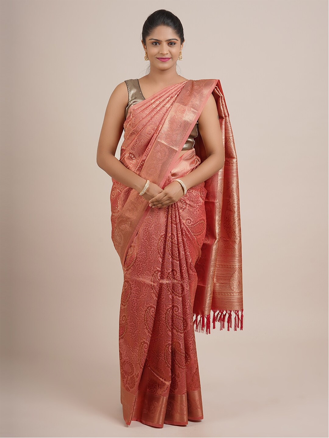 

Pothys Pink & Gold-Toned Paisley Zari Pure Silk Saree
