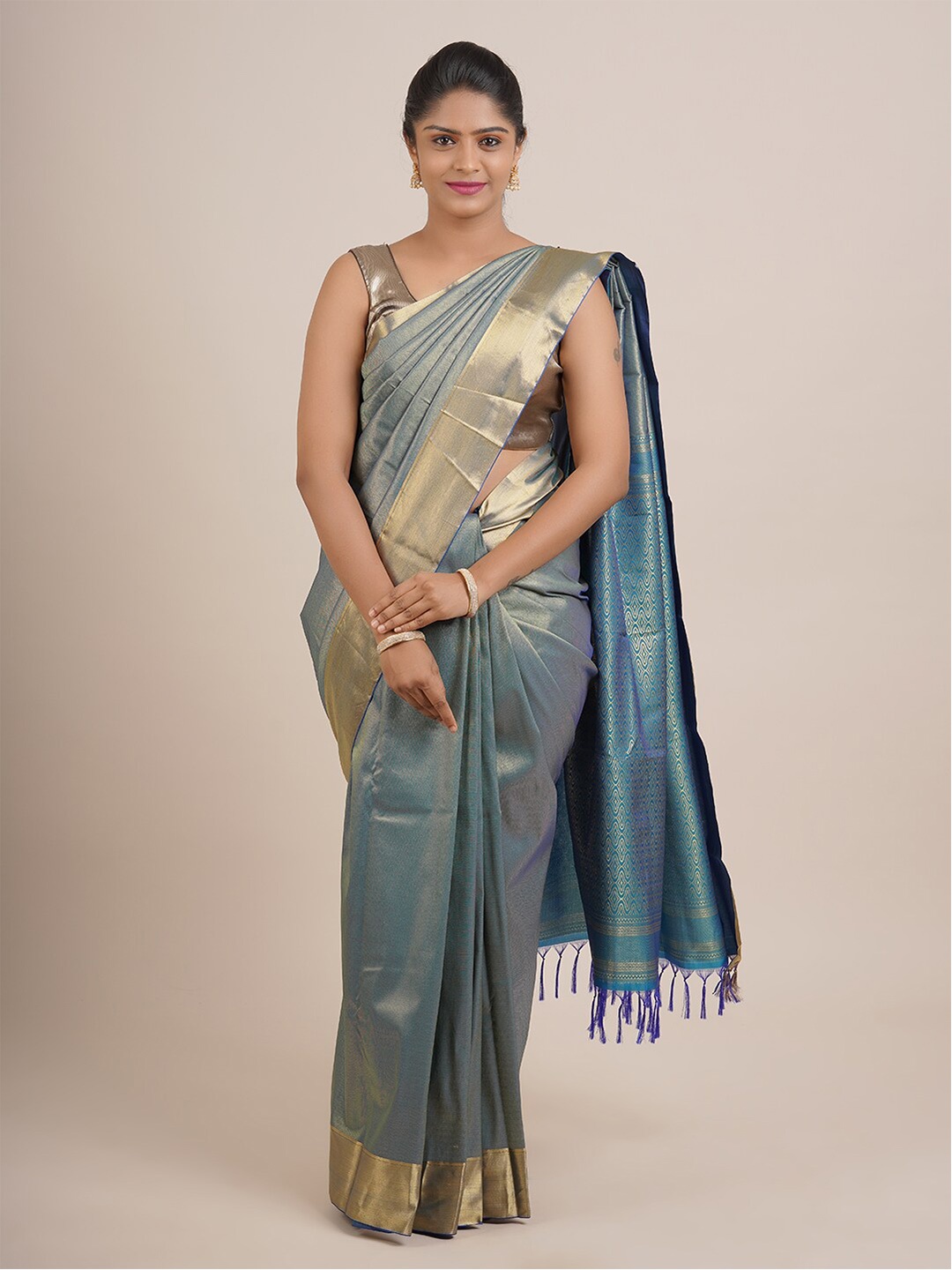 

Pothys Sea Green & Gold-Toned Zari Pure Silk Saree
