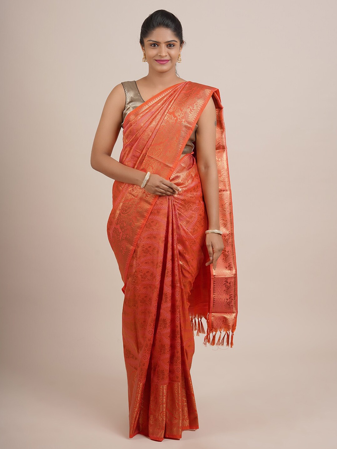 

Pothys Peach-Coloured & Gold-Toned Floral Zari Pure Silk Saree