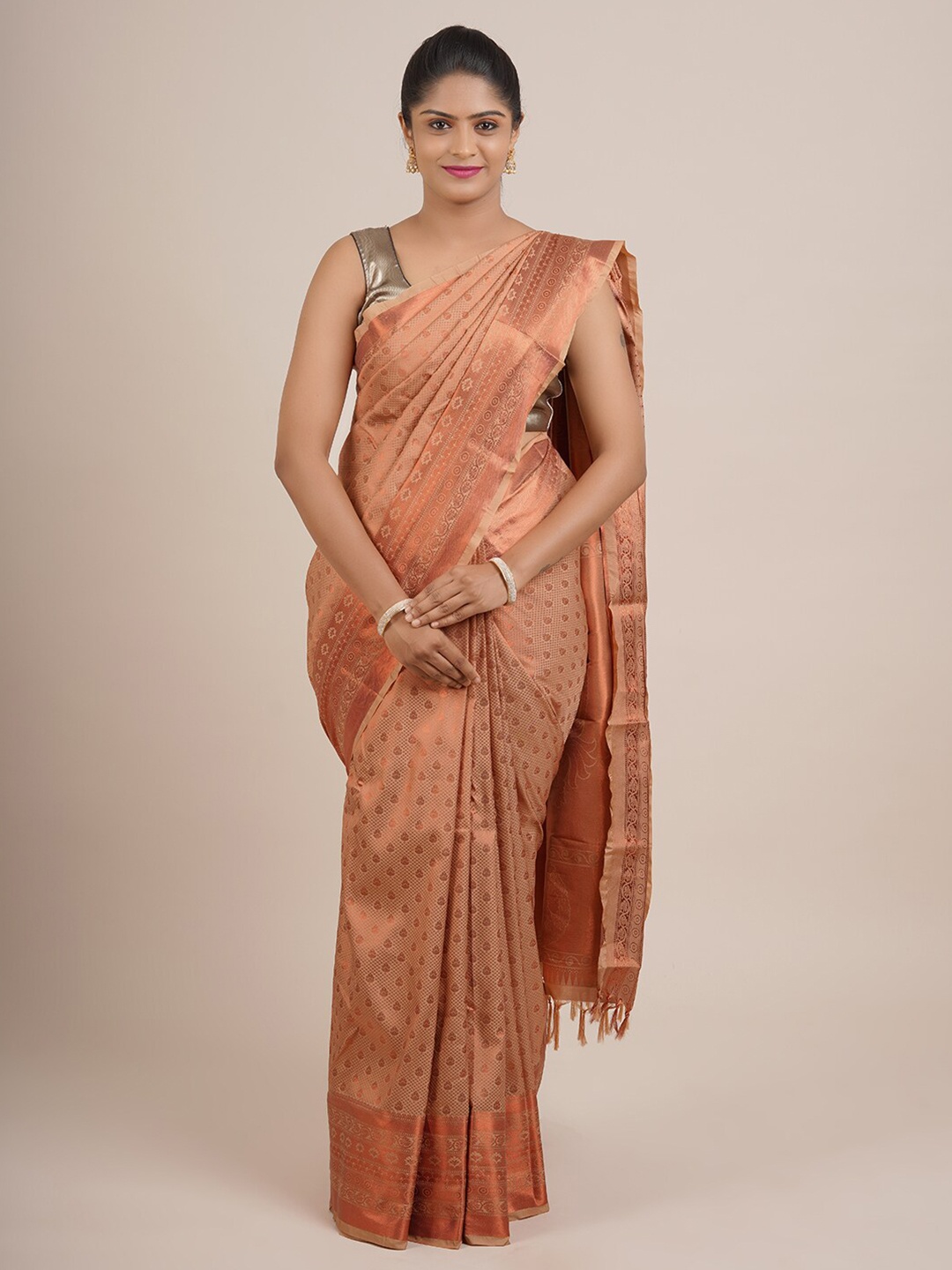 

Pothys Peach-Coloured & Bronze-Toned Ethnic Motifs Zari Pure Silk Saree