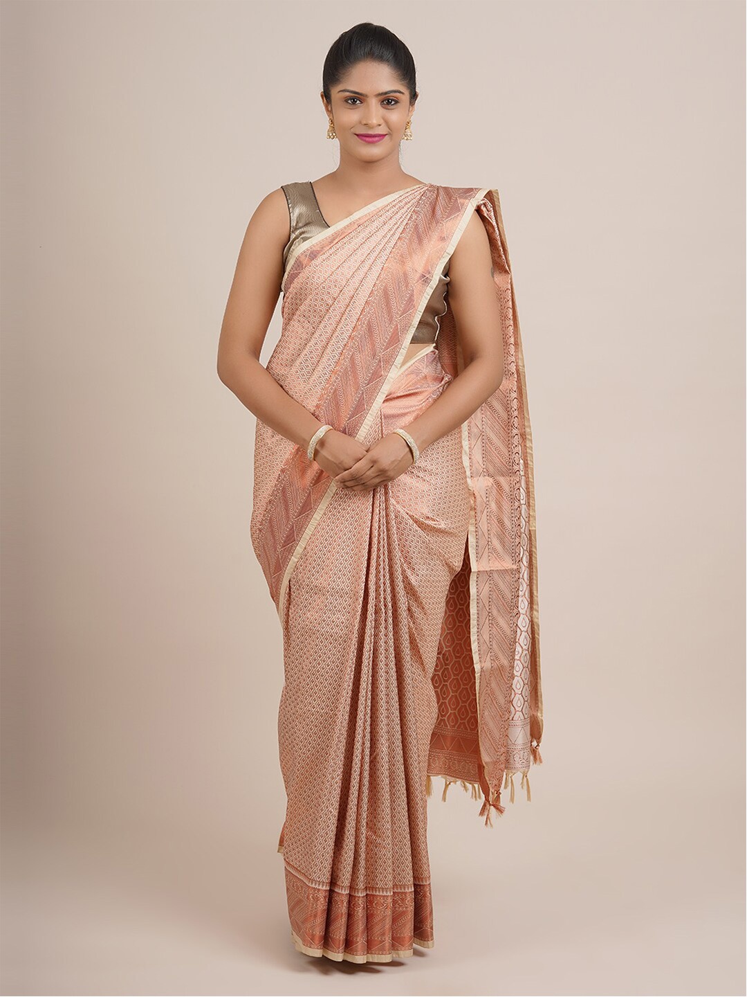 

Pothys Cream-Coloured & Bronze-Toned Ethnic Motifs Zari Pure Silk Saree