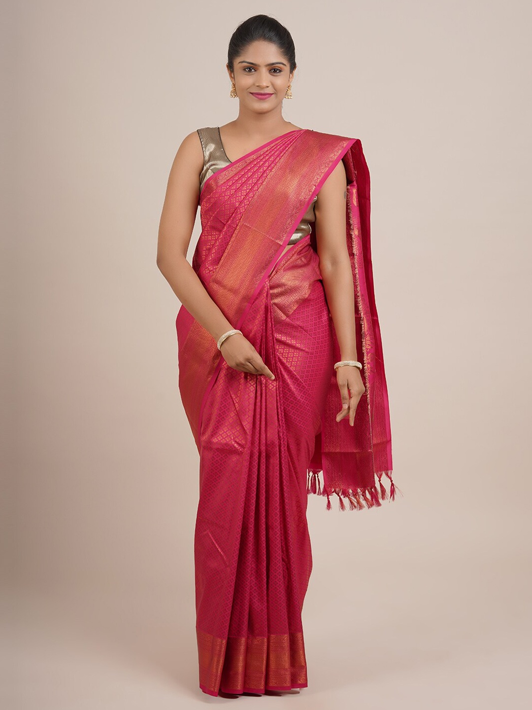 

Pothys Pink & Gold-Toned Woven Design Zari Pure Silk Saree