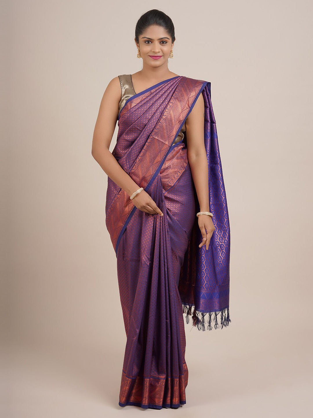 

Pothys Blue & Bronze-Toned Woven Design Zari Pure Silk Saree