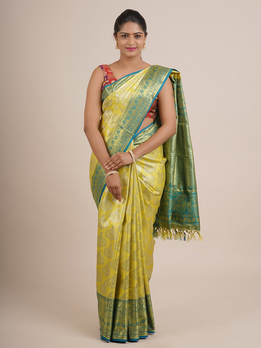 

Pothys Green & Gold-Toned Woven Design Zari Pure Silk Saree, Yellow