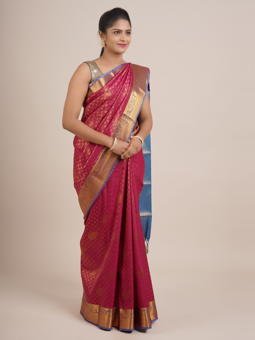 

Pothys Magenta & Blue Woven Design Zari Pure Silk Saree