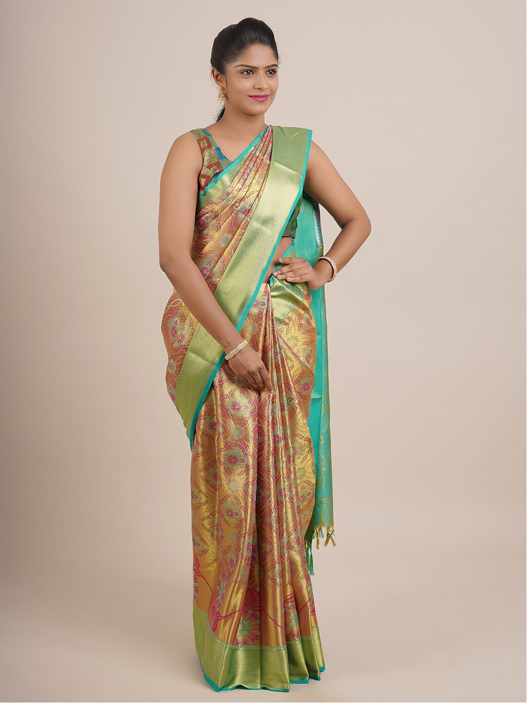 

Pothys Gold-Toned & Green Woven Design Zari Pure Silk Saree