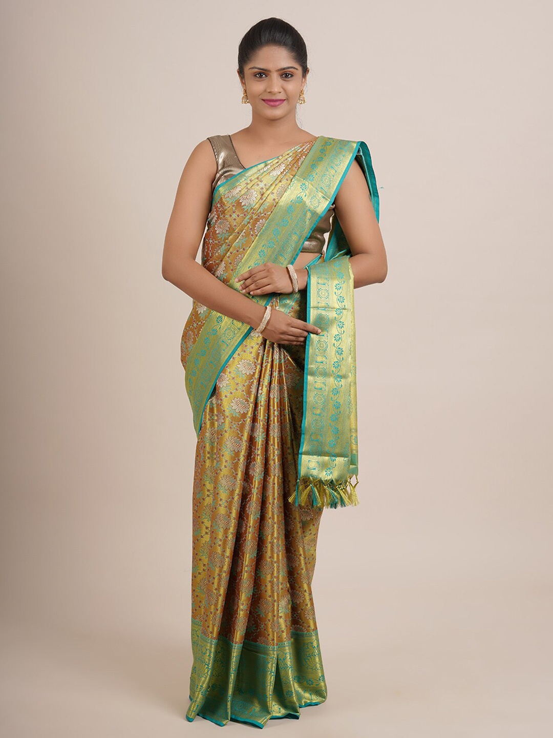 

Pothys Gold-Toned & Green Floral Zari Pure Silk Saree