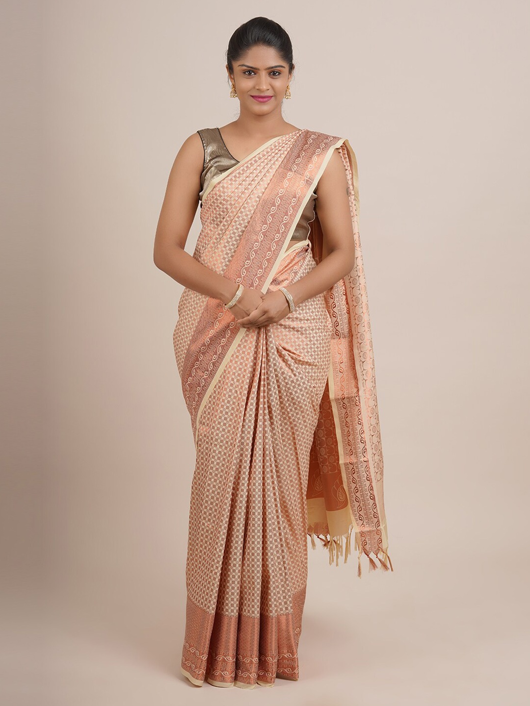 

Pothys Cream-Coloured & Bronze-Toned Woven Design Zari Pure Silk Saree