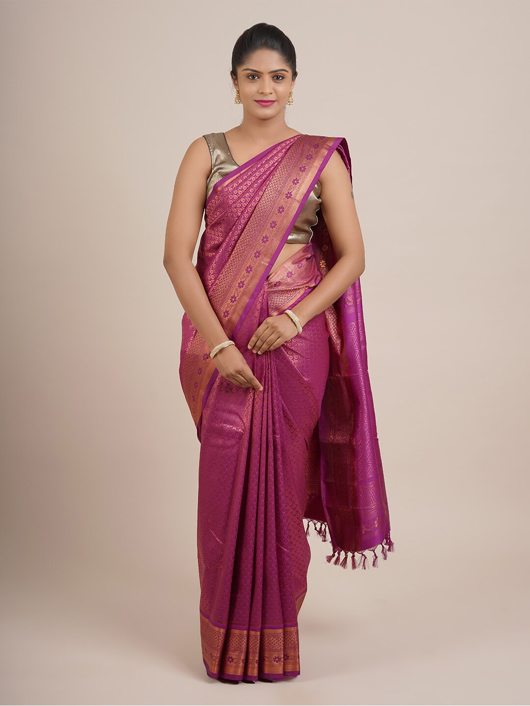 

Pothys Purple & Gold-Toned Woven Design Zari Pure Silk Saree