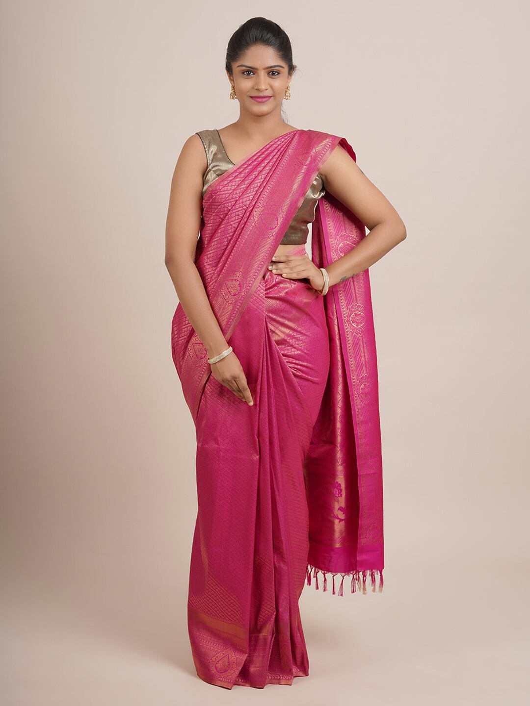 

Pothys Pink & Gold-Toned Woven Design Zari Pure Silk Saree