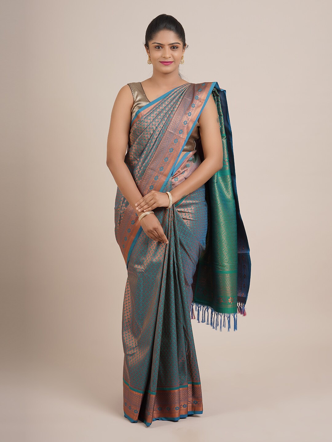 

Pothys Blue & Bronze-Toned Woven Design Zari Pure Silk Saree