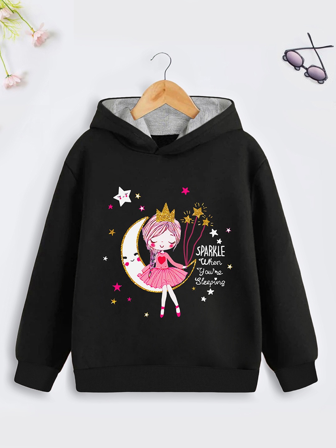 

Trampoline Girls Black Printed Hooded Sweatshirt