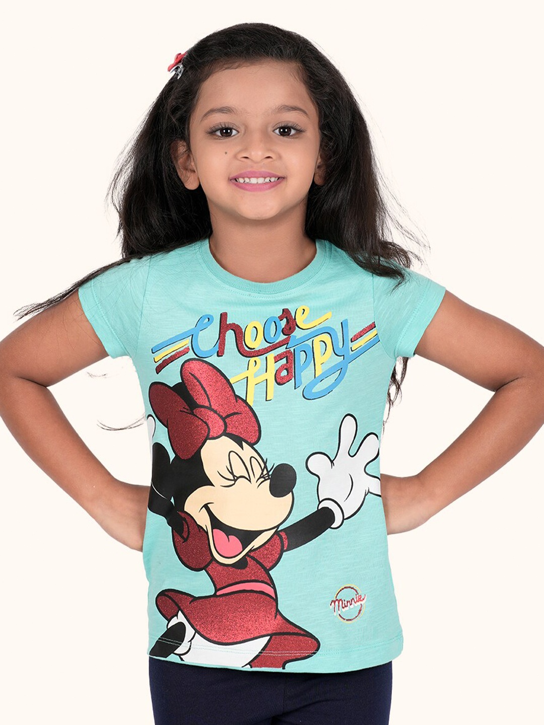 

Zalio Girls Turquoise Blue Pure Cotton Minnie Mouse Printed T-shirt