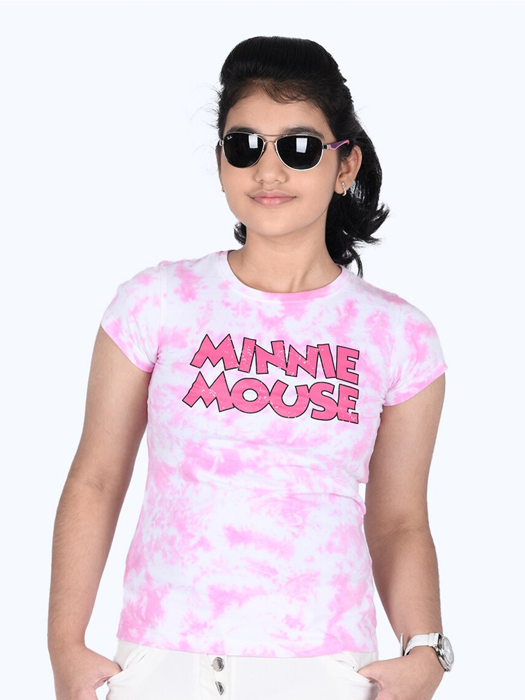 

Zalio Girls Pink Tie And Dye Pure Cotton Minnie Mouse Dyed T-shirt