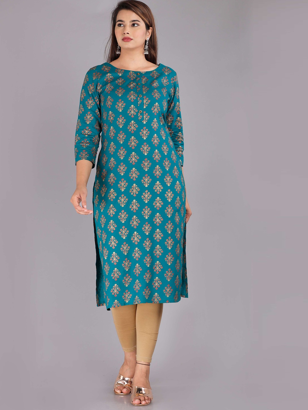 

ROOPWATI FASHION Women Green & Beige Floral Printed Straight Kurta