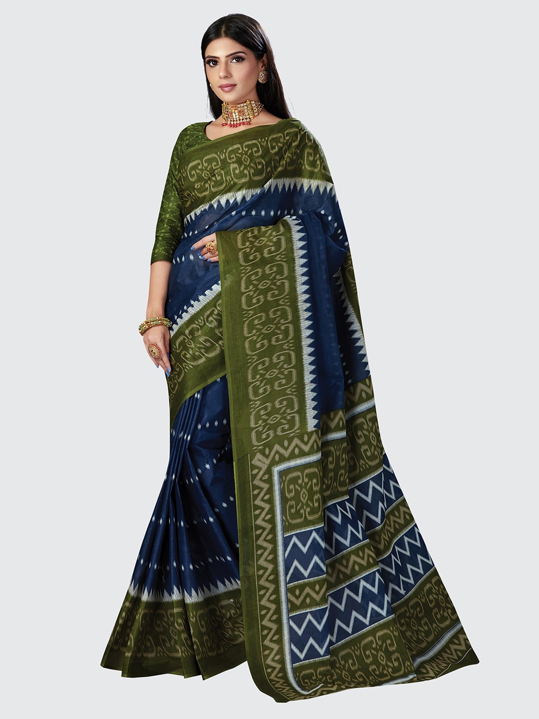 

SHANVIKA Blue & Olive Green Pure Cotton Block Print Saree