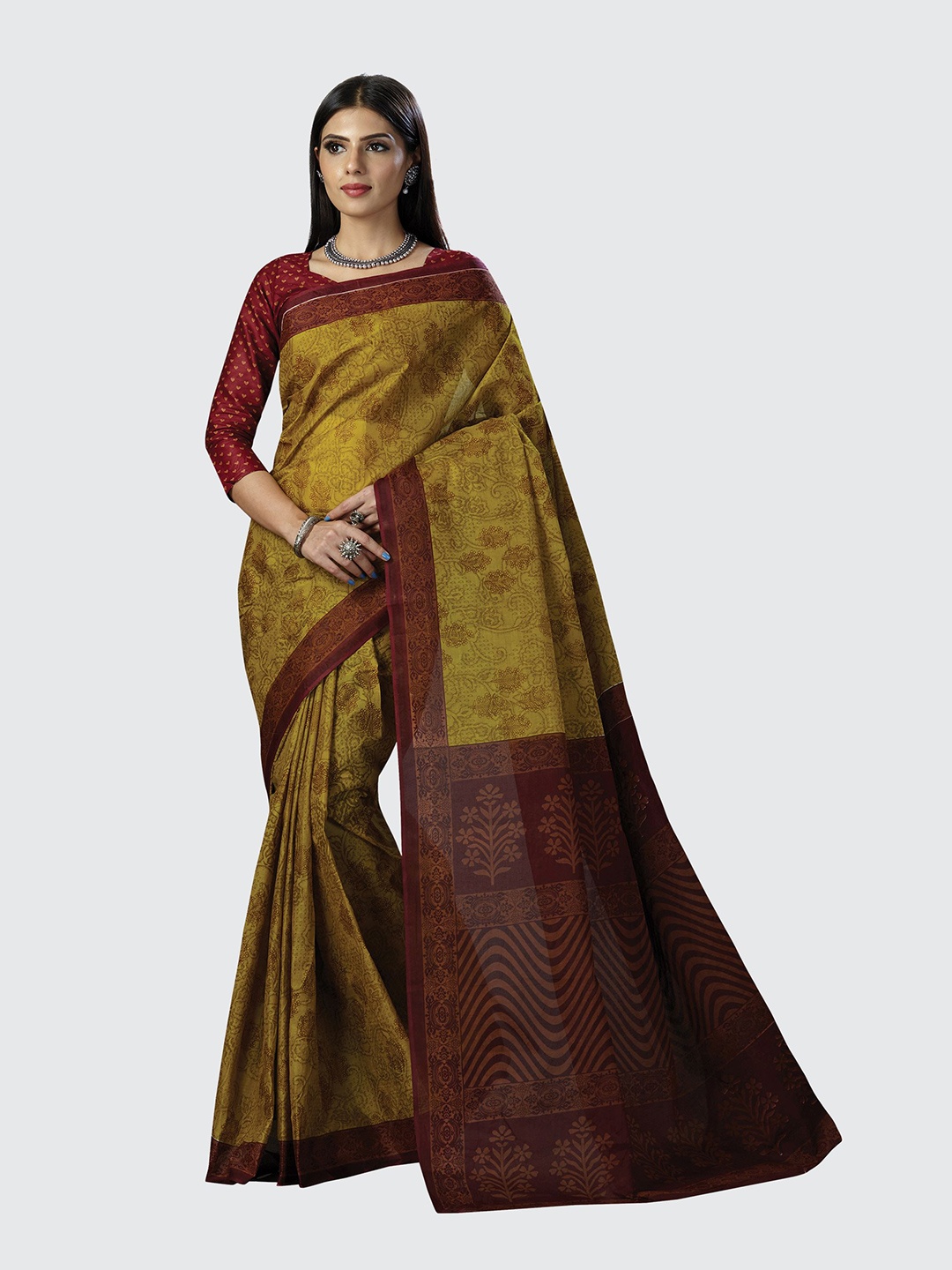 

SHANVIKA Mustard & Maroon Ethnic Motifs Pure Cotton Block Print Saree