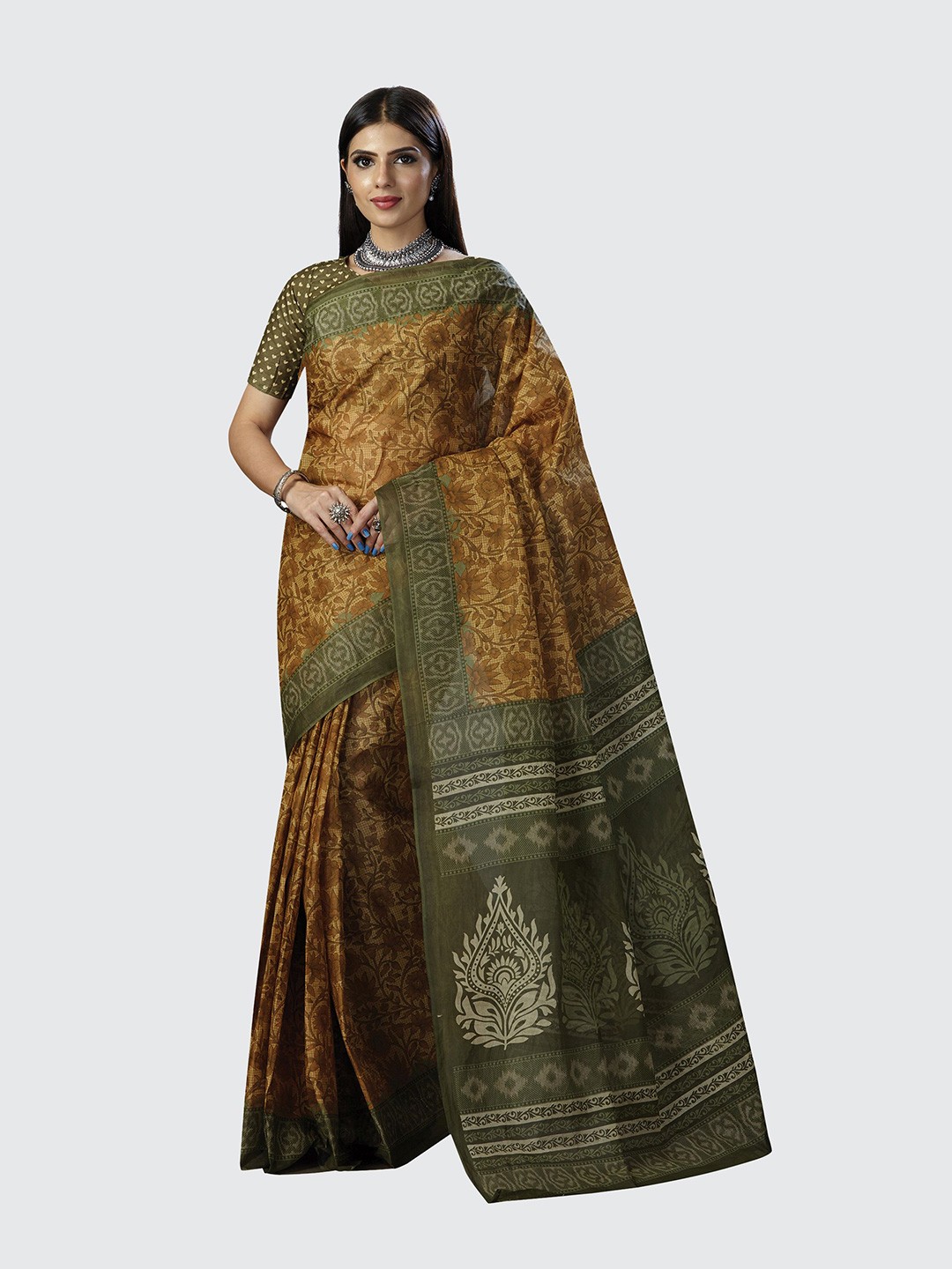 

SHANVIKA Brown & Green Floral Pure Cotton Block Print Saree