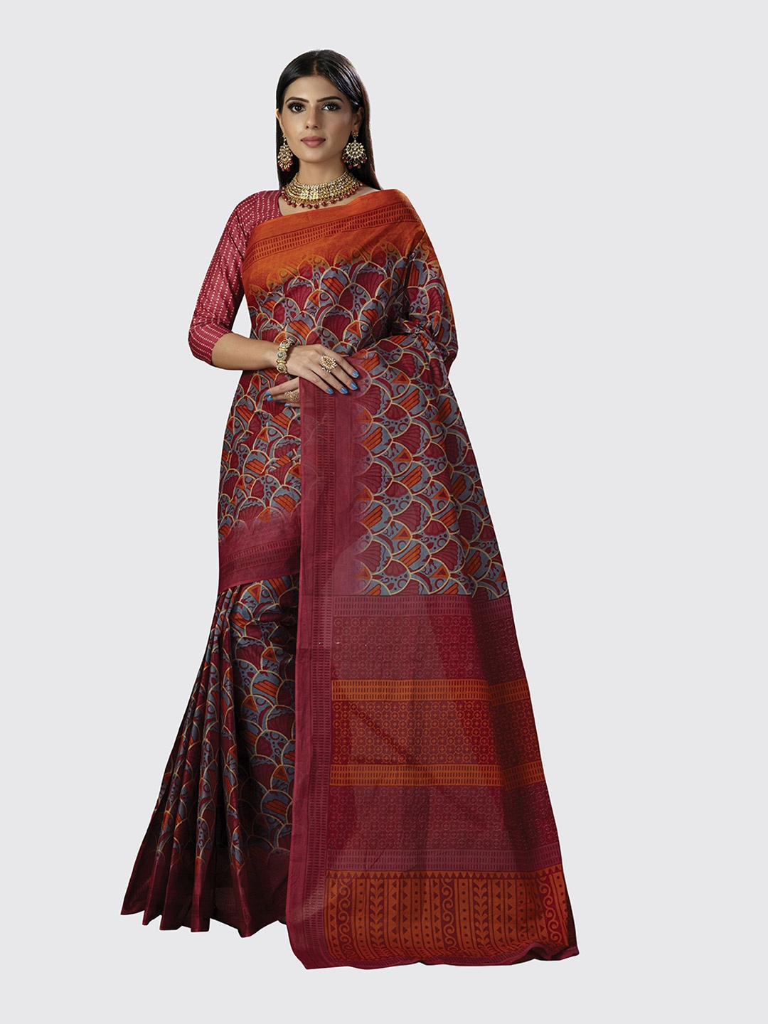 

SHANVIKA Orange & Red Pure Cotton Block Print Saree