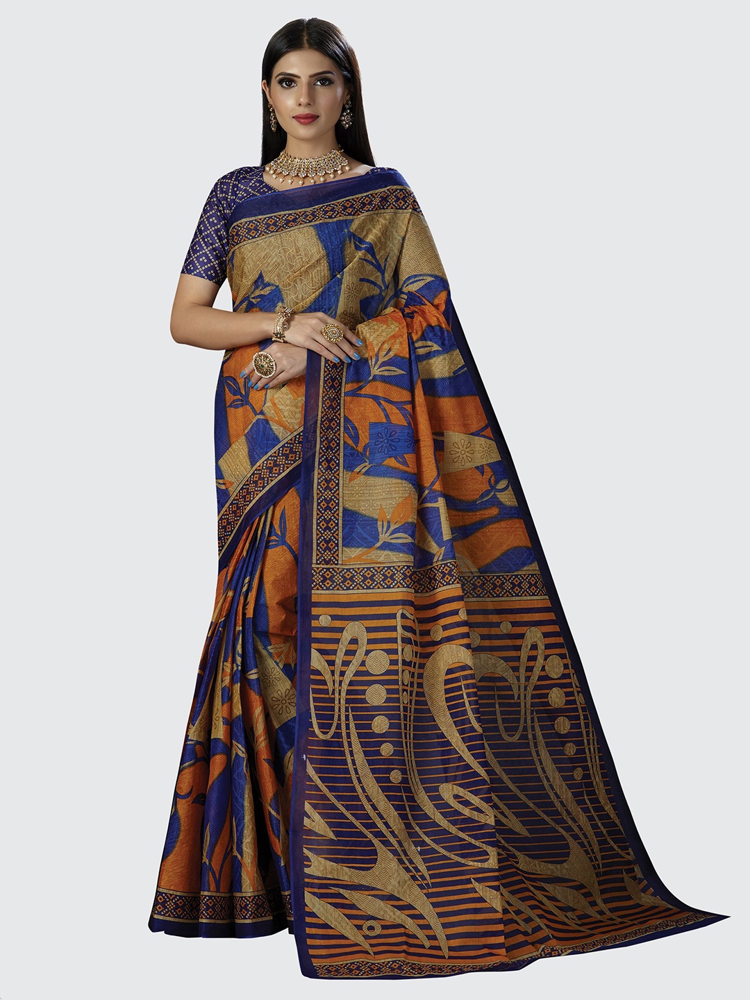 

SHANVIKA Beige & Blue Floral Pure Cotton Block Print Saree