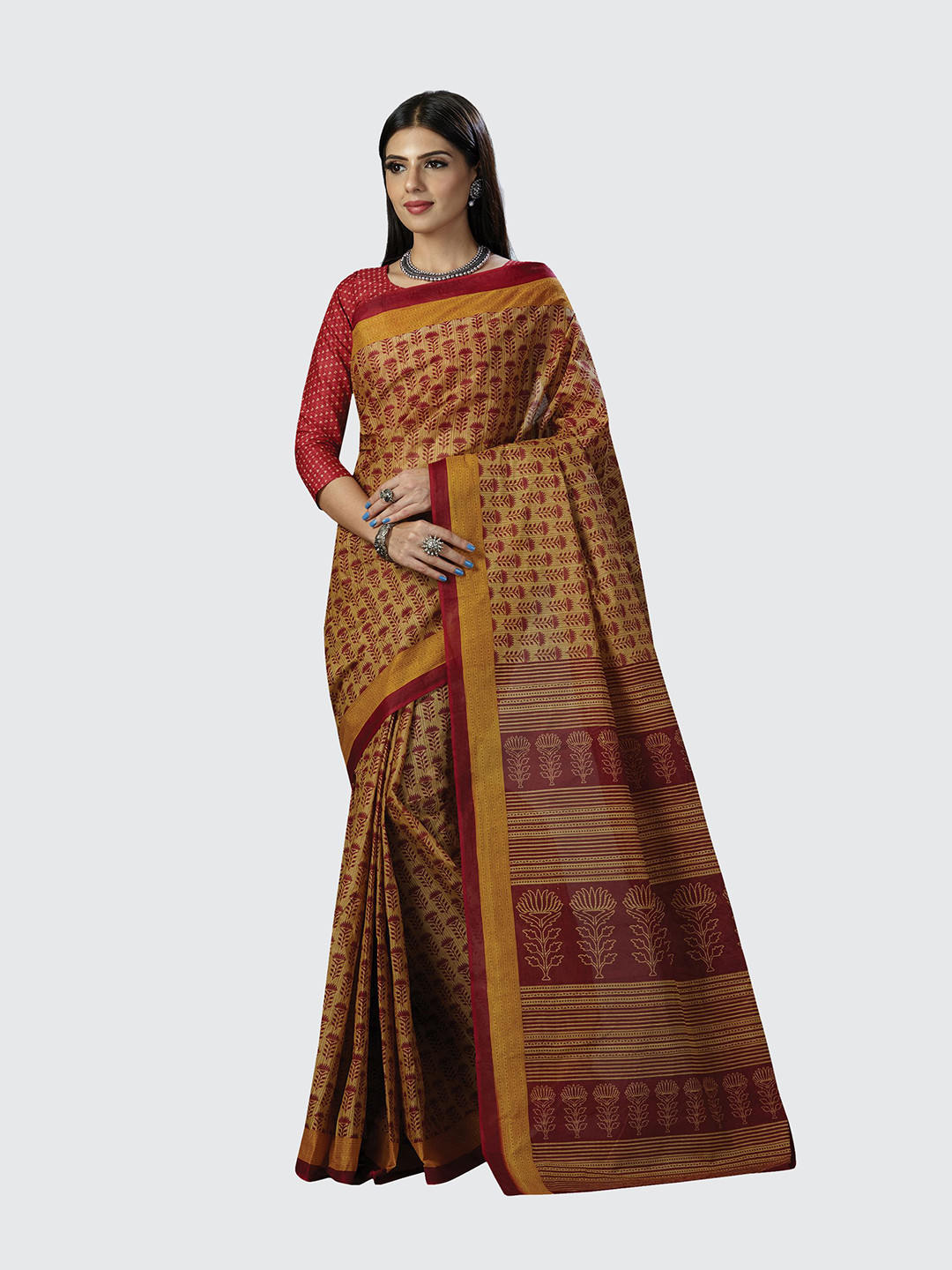 

SHANVIKA Beige & Red Ethnic Motifs Pure Cotton Block Print Saree