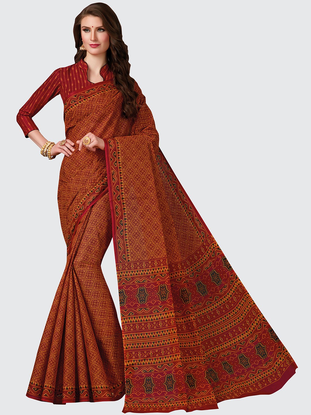 

SHANVIKA Red & Mustard Ethnic Motifs Pure Cotton Block Print Saree