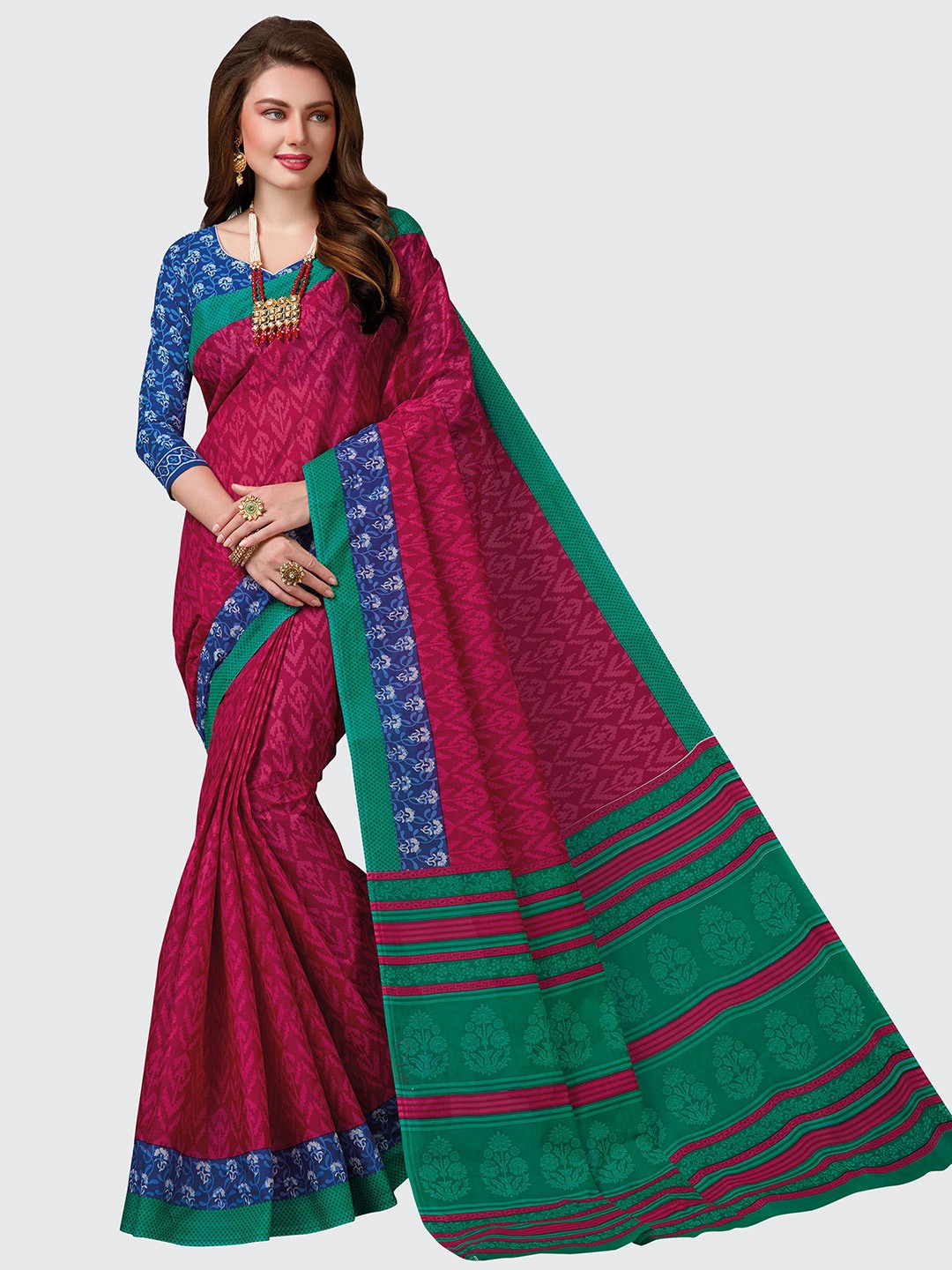 

SHANVIKA Pink & Green Ethnic Motifs Pure Cotton Block Print Saree