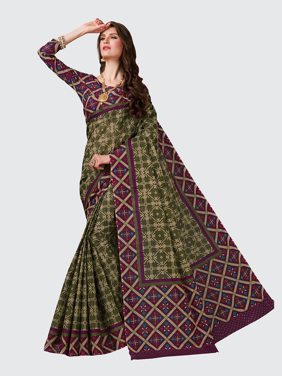 

SHANVIKA Green & Purple Ethnic Motifs Pure Cotton Block Print Saree